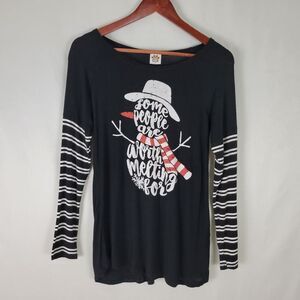 Pink Foot Shirt Womens Small Black Top Christmas Snowman Long Striped Sleeve